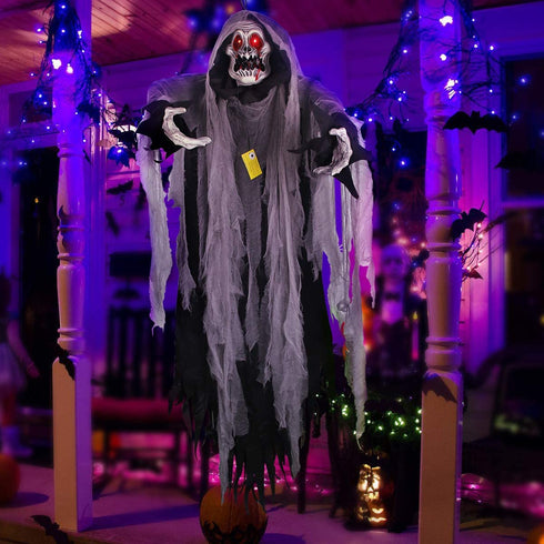 Halloween Hanging Ghost, 5.5 Ft Large Life size Halloween Prop Skull with LED Glowing Eyes and Creepy Shrilling Sound Scary Grim Reaper with Detachable Bendable Arms Perfect for Halloween Party Decor