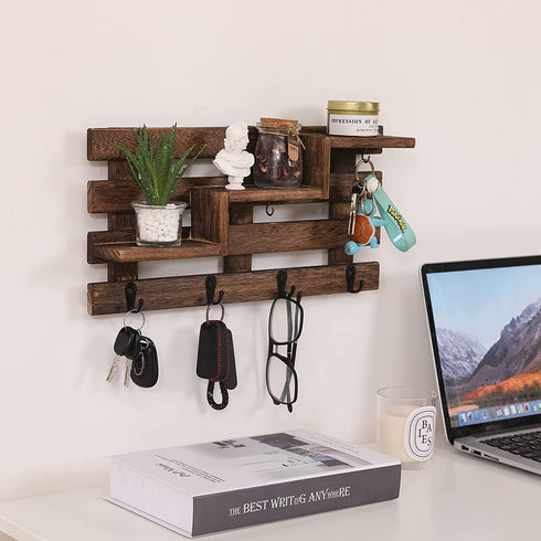 Efonow Wood Wall-Mounted 3-Tiered Stair Shelf with 6 Key Hooks and A Floating Shelf Rustic Home Decor for Entryway Carbonized Black