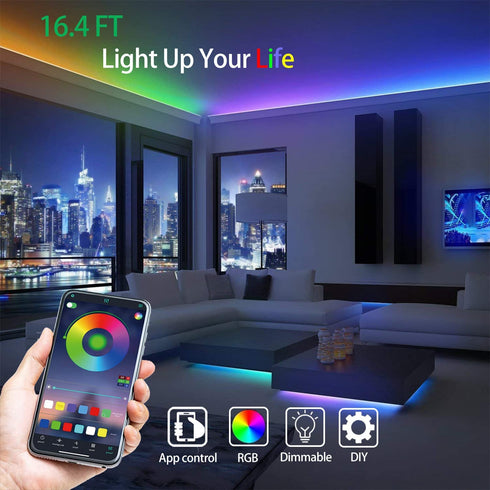 LED Strip Lights, LED Lights for Bedroom Bluetooth Music Sync, 16.4ft 5V USB Powered LED Light Strip Waterproof, 150LEDs RGB 5050 Color Changing with App Control