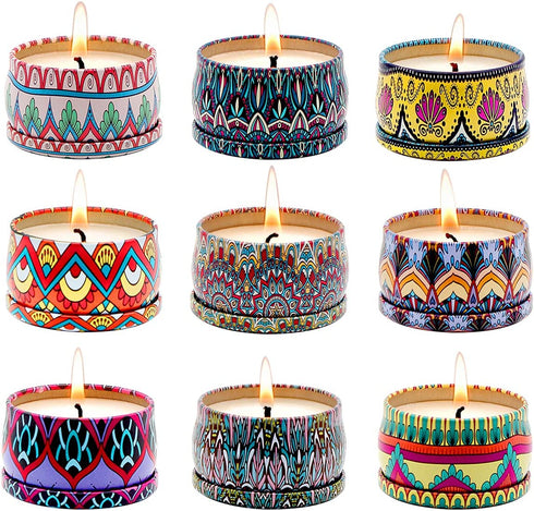 Soyyla Set of 9 Scented Candle for Christmas Thanksgiving Housewarming Return Gift, 2.2oz Soy Wax Aromatherapy Candle for Stress Relief, Cute Bohemian Travel Portable Tin Candles, 2.2oz, Pack of 9