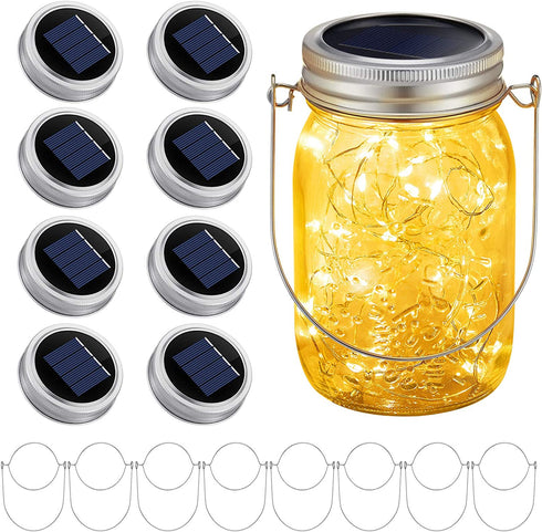 Solar Mason Jar Lights Lids, 30 LED Solar Fairy Lights for Mason Jars, Outdoor Hanging Mason Jar Lights for Garden Patio Porch Lawn Decor, Warm White (Solar Jar Lid Lights - 8 PCS)