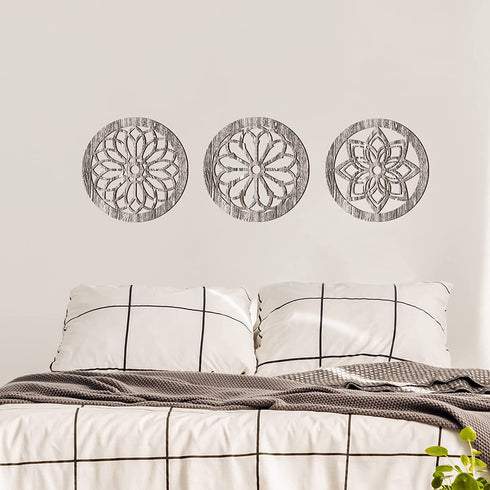 3 Pcs Thickened Wooden Rustic Wall Decor Flower Carved Wall Art Farmhouse Geometric Frame Hanging Art Decor for Home Decor (Light Brown,Round)