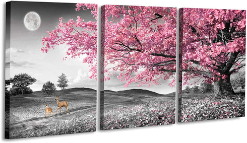 Tree with Pink Leaves Wall Art Paintings on Black and White Canvas Tree of Life Night Landscape Picture for Living Room Bedroom Wall Decor Stretched and Framed Ready to Hang 12x16 inch