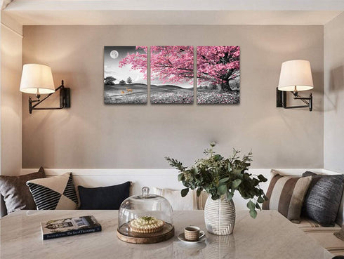 Tree with Pink Leaves Wall Art Paintings on Black and White Canvas Tree of Life Night Landscape Picture for Living Room Bedroom Wall Decor Stretched and Framed Ready to Hang 12x16 inch