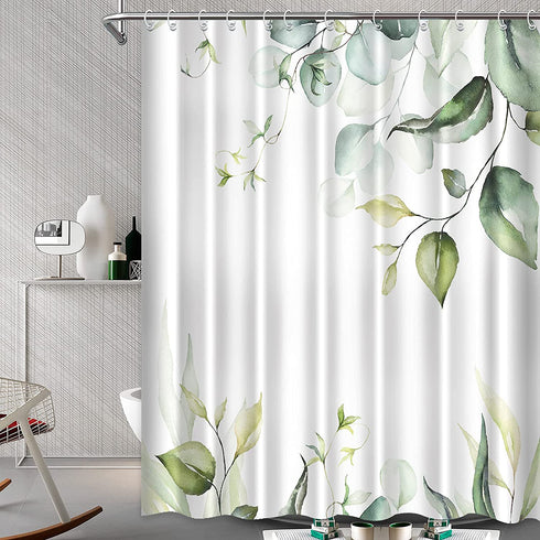 Green and White Shower Curtain Green Leaves Fabric Shower Curtains Botanical Themed Floral Shower Curtain for Bathroom Watercolor Leaf Shower Curtain Sets Waterproof with Hooks, 72? X 72?