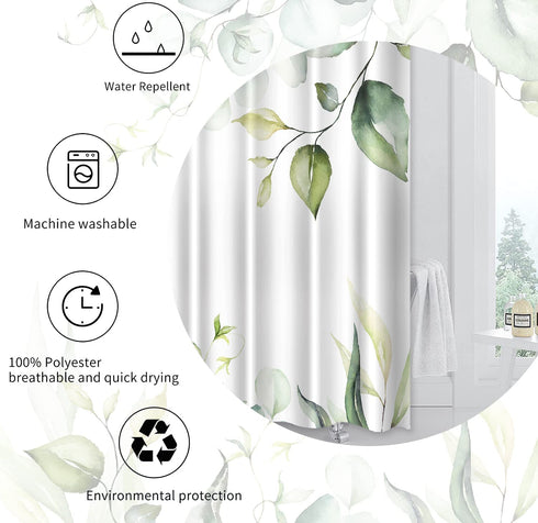 Green and White Shower Curtain Green Leaves Fabric Shower Curtains Botanical Themed Floral Shower Curtain for Bathroom Watercolor Leaf Shower Curtain Sets Waterproof with Hooks, 72? X 72?