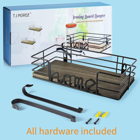 TJ.MOREE Ironing Board Hanger Wall Mount- Laundry Room Decor- Iron and Ironing Board Holder, Laundry Room Organization and Storage with Large Storage Black Wooden Base Basket and Removable Hooks