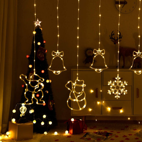 Icicle String Fairy Light - Bells Santa Claus Fairy Curtain Lights - Window Plug-in Curtain Lamp with Remote Control for Bedroom Patio, Wall, Christmas Decor, Wedding, Party, Indoor and Outdoor