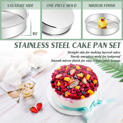 9½ Inch Cake Pan Set of 3, Deedro Stainless Steel Cake Pans Round Cake Baking Pans for Wedding Birthday Layer Cake, One-piece Molding, Healthy & Durable, Mirror Finish & Dishwasher Safe