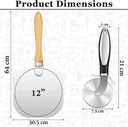 Aunly Aluminum Pizza Peel - Large Size Pizza Paddle 12x14 Inch Metal Pizza Spatula with Foldable Wood Handle & Pizza Cutter- Pizza Shovel for Homemade Baking Lovers for Pies, Pastries, Dough & Cookies
