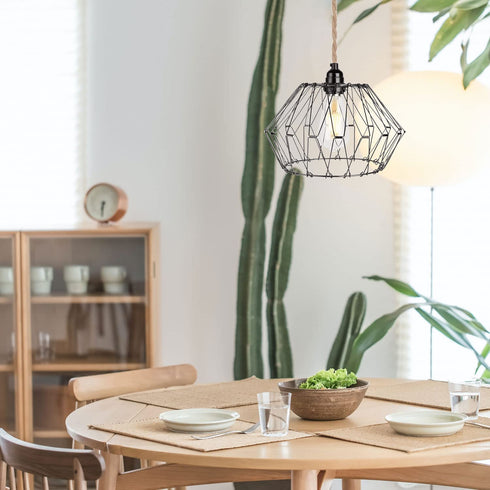 Farmhouse Black Plug in Metal Pendant Light - Industrial 15 Ft Hanging Lamp Kit Hemp Rope Light Cord Metal Cage Deformable Lampshade Lighting Fixtures with for Living Room Bedroom Loft DIY Decor