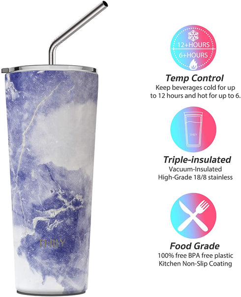 Stainless Steel Vacuum Insulated Tumbler - THILY Travel Mug 26 oz Coffee Cup with 2 Lids and Straws, Splash Proof, Keep Ice Drinks Cold, Blue Marble