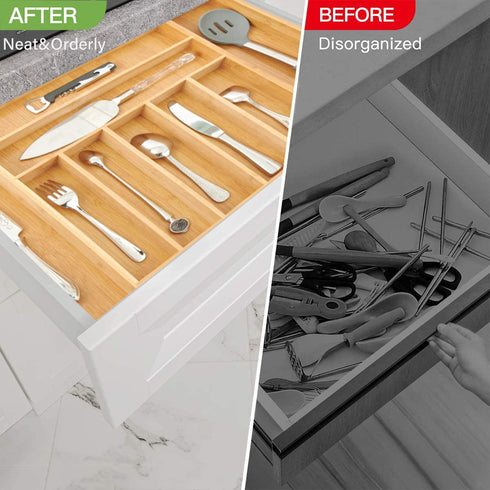 Bamboo Expandable Drawer Organizer for Kitchen Utensils ,Multifunctional Silverware Organizer/Flatware Drawer Organizer and Cutlery Tray for Silverware, Flatware, Knives .etc( 9 Slots ,Natural)