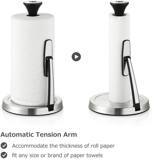 Paper Towel Holder, Lycklig Tension Arm Kitchen Roll Dispenser Stainless Steel Paper Towel Holder Stand with Weighted Base, Ideal for Kitchen & Dining Room