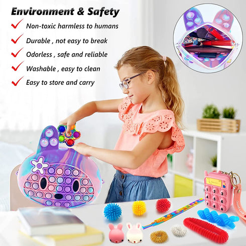 Exun Pop Crossbody Purse Bags Fidget Toy Pack, Push It Bubble Popper Sensory Easter Basket Stuffers Bunny Shoulder Bag for Girls Kids, Figetget Toys for Party Favors, Classroom Prizes, Birthday Gift
