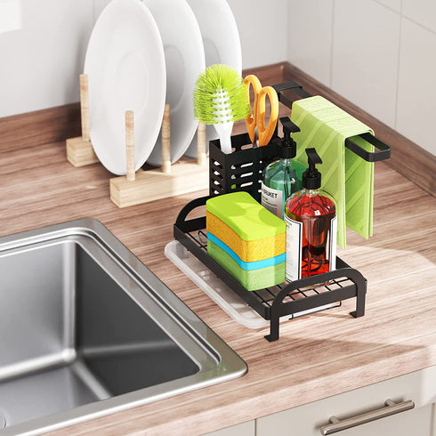 Kitchen Sink Caddy - Tidyway Sponge Holder for Kitchen Sink Brush Dish Rags Soap Holder with Drain Pan Tray, Freestanding Kitchen Sink Organizer, Large Capacity, Black