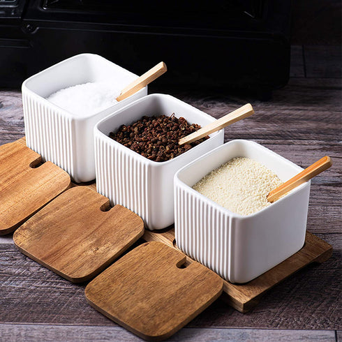 WUWEOT 3 Pack Porcelain Condiment Bowls Set, 12OZ White Ceramic Salt Bowl Condiment Jar Spice Container with Lids Spoons and Tray for Sugar, Serving Tea, Coffee, Spice, Salt