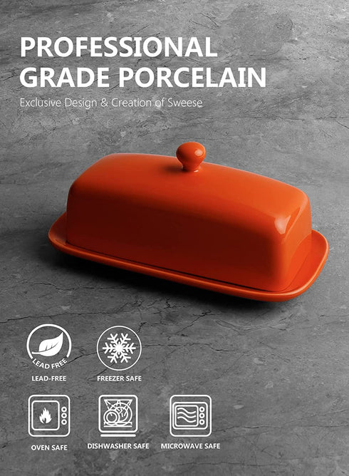Sweese 307.106 Porcelain Butter Dish with Lid, Perfect for East West Coast Butter, Orange