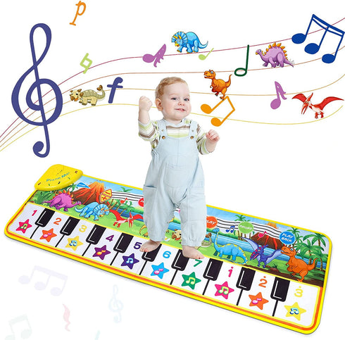 M SANMERSEN Piano Mat for Kids, 43” x 14” Dinosaur Floor Keyboard Music Dance Play Mat with 10 Demo Songs/ 8 Dinosaur Sounds/ Adjustable Volume/ Record/ Playback Musical Mat Toys Gift for Boys Girls