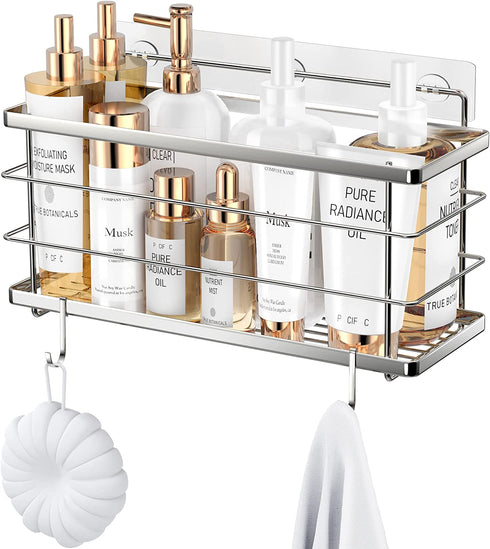 SMARTAKE Deep Shower Caddy, SUS304 Stainless Steel Bathroom Basket, Adhesive Shower Organizer Shelf with Hooks, Rustproof No-Drilling Kitchen Rack, for Toilet, Dorm and Kitchen (Silver)