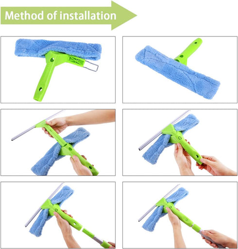 Window Squeegee Cleaner Scrubber 3 in 1 Professional Detachable Cleaning Kit Microfiber Brush and Rubber Scraper with Extension Pole for Glass Auto Mirrors