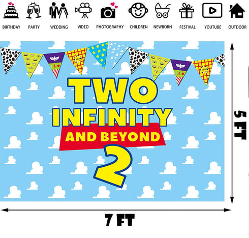 HEETON Two Infinity and Beyond Backdrop Buzz Banner Light Year Toy Inspired Story 2nd Birthday Balloons Party Supplies Decorations Photo Prop for Girl Boy Baby Background -7 x 5ft