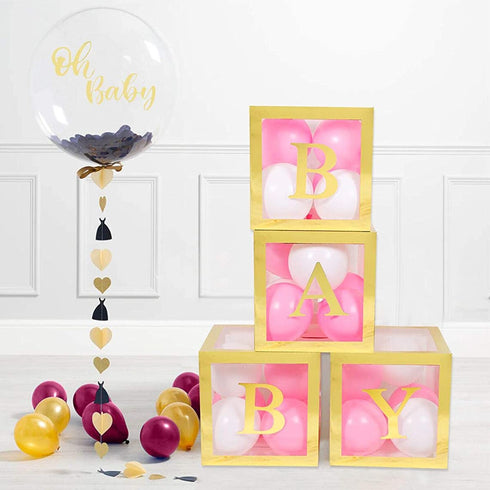 Gold Baby Shower Boxes 4 Pcs Gold Transparent Balloon Boxes with 4*4 Gold BABY Letters, Gold baby shower blocks for Boys Girls , Letter Boxes for Birthday Party, Gender Reveal Backdrop