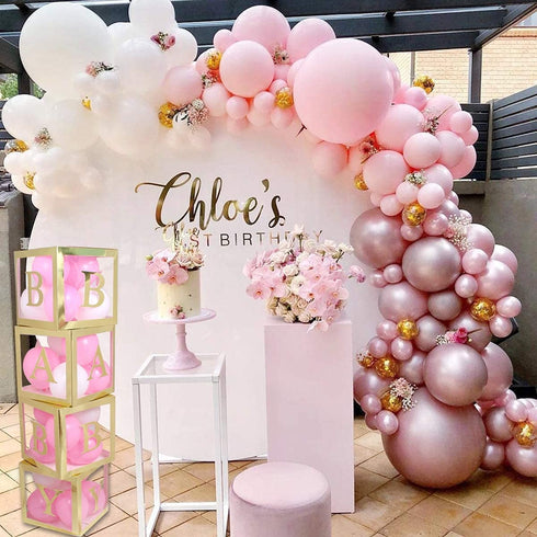 Gold Baby Shower Boxes 4 Pcs Gold Transparent Balloon Boxes with 4*4 Gold BABY Letters, Gold baby shower blocks for Boys Girls , Letter Boxes for Birthday Party, Gender Reveal Backdrop
