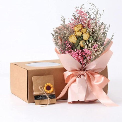 XYXCMOR Natural Dried Flowers Bouquet Dried Eucalyptus Leaves Real Yellow Rose Babys Breath Dried Flowers for Home Table Vase Wedding Floral Arrangements Garden Boho Decor
