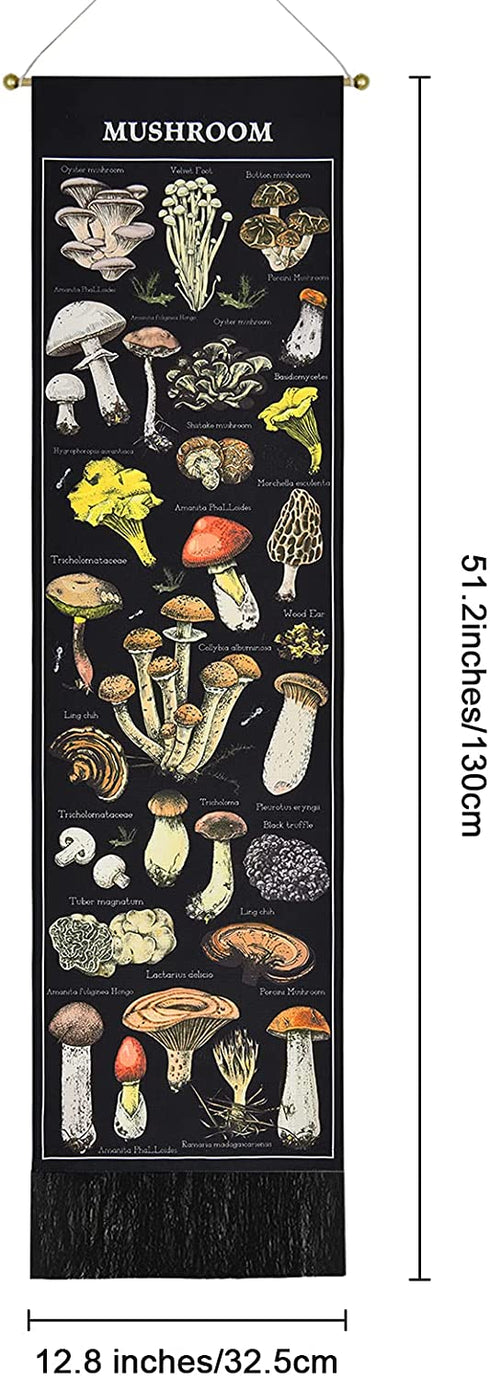 Mushroom Tapestry Black Background Tapestry Vertical Tapestry Illustrative Reference Chart Tapestry Wall Hanging for Room(12.8 x 51.2 inches)