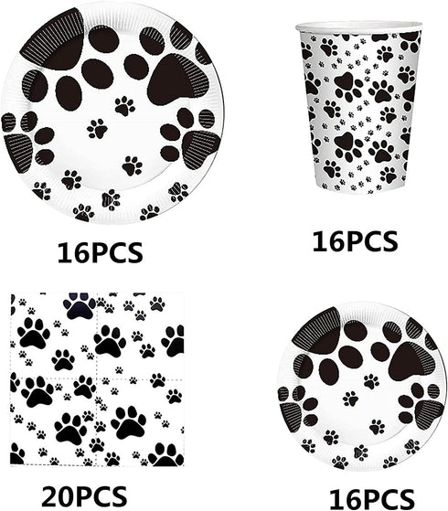 Dog Paw Prints Party Supplies, Dog Paw Prints Theme Tableware Set Including Paper Plates Cups Napkins for Birthday Baby Shower Party -Serves 16
