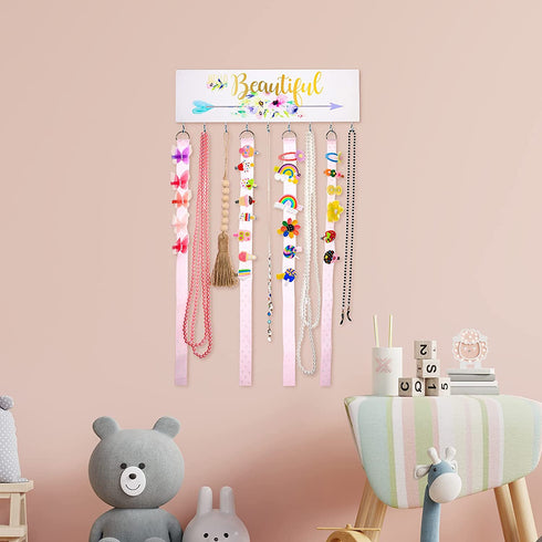 Hair Bow Holders for Girls Hair Bows Jewelry Organizer, Wood Wall Mount Jewelry Holder, Hanging Jewelry Storage Hanger with 9 Hooks, 9 Hair Bow Holders for Girl (Beautiful Style)