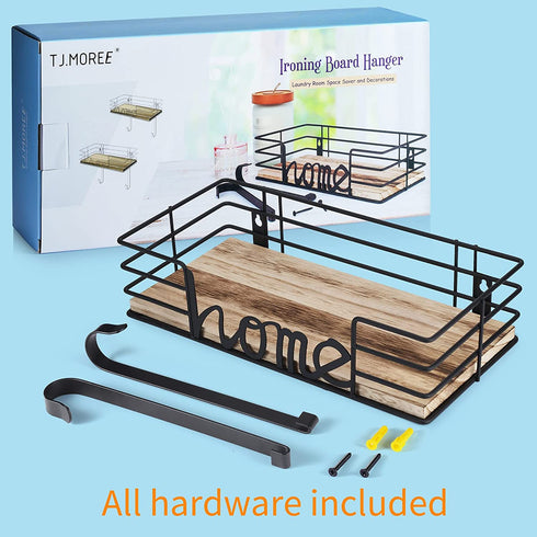 TJ.MOREE Ironing Board Hanger Wall Mount - Laundry Room Iron and Ironing Board Holder with Large Storage Wooden Base Basket and Removable Hooks (Black)