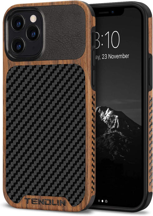 TENDLIN Compatible with iPhone 12 Pro Max Case Wood Grain with Carbon Fiber Texture Design Leather Hybrid Case Black