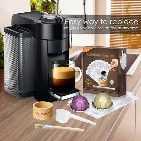 AIEVE Aluminum Foil Seals Kit for Nespresso Capsules VertuoLine with 80Pcs Aluminum Foil Seal Lid, Holder, Scoop, Brush, for Refilling Nespresso Vertuo Pods Reusable Vertuoline Pods (Pods Not Included