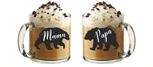 Mama Bear Papa Bear - 13oz Glass Coffee Mug Couples Sets - Funny His and Her Gifts - Husband and Wife Anniversary Presents - By CBT Mugs