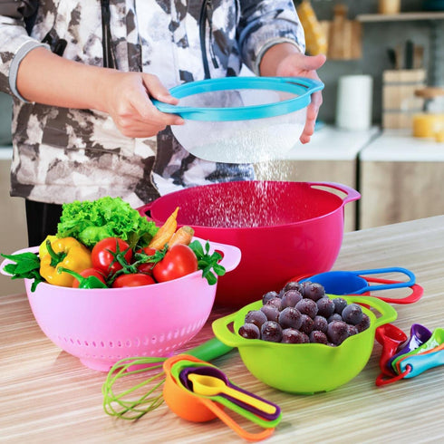 16-Pieces Plastic Mixing Bowls Set,WKTFOBM Nesting Plastic Mixing Bowl Set with Handles for Saving Space Storage,Colorful Serving Bowls and Measuring Cups Set for Kitchen Cooking & Baking