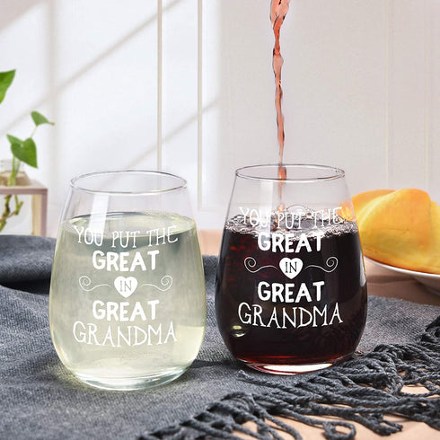 You Put the Great in Great Grandma Stemless Wine Glass, Gifts for Grandma New Grandma to Be Grandmother Mother's Day Birthday Christmas, Funny Grandma Wine Glass from Granddaughter Grandson, 15Oz