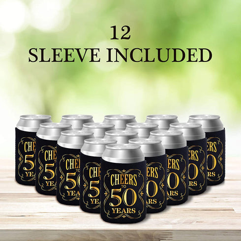 JOELELI 50th Birthday Party Decorations Can Cooler Sleeves, Neoprene Can Sleeves for Beer - 50th Anniversary Decorations and Birthday Gift for Men & Women, Black & Gold (12 Pcs)