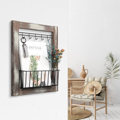 J JACKCUBE DESIGN Wall Mounted Rustic Wood Mail and Key Holder, Entryway Mail Storage Floating Organizer with 5 Key Hooks for Hallway Front Door Living Room Garage Office - MK641A