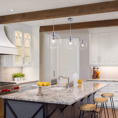 Modern Glass Globe Pendant Light 9.84 inch Chrome, Adjustable Edison Ceiling Pendant Light Fixtures for Kitchen Island Farmhouse Restaurants by Bewamf