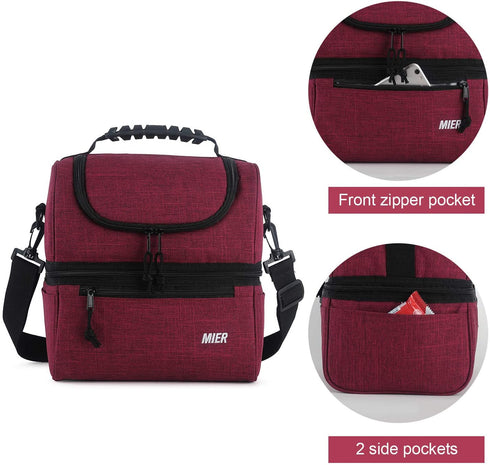 MIER Adult Lunch Box Insulated Lunch Bag Large Cooler Tote Bag for Men, Women, Double Deck Cooler (Dark Red, Large)