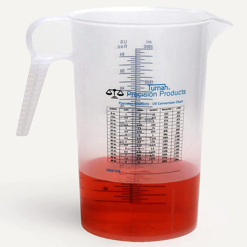 Half Gallon 64oz (2 quart) Measure Pitcher- Convenient Conversion Chart-Strong Food Grade - Great for Lawn, Pool and Spa Chemicals, Ag, Home Hobbies, Lye, Cooking, Shop Motor Oil and Fluids by Turnah