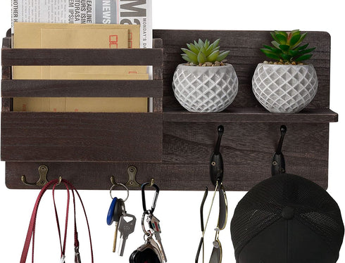 ISM Designs Key Hangers for Wall Decor - Mail and Holder with Shelf Organizer Hooks, Rustic Brown, 16 Inch x 8
