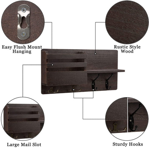ISM Designs Key Hangers for Wall Decor - Mail and Holder with Shelf Organizer Hooks, Rustic Brown, 16 Inch x 8