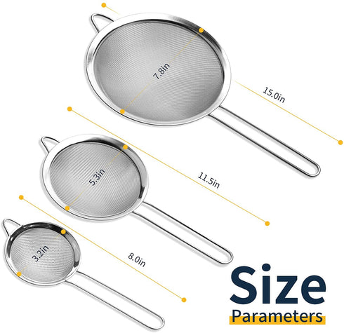 Fine Mesh Strainer, Stainless Steel Fine Mesh Sieve, Set of 3 Small Strainers Fine Mesh for Kitchen, Silver Colander Sieve Sifter with Long Handle, 3.2", 5.3", 7.8"