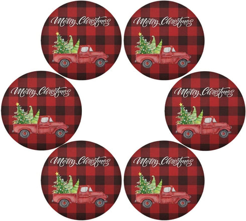 Christmas Plaid Round Placemats Set of 6 Table Placemats Red Black Buffalo Check Truck Place Mats Tablemats 15 inch for Kitchen Dining Table Dinner Kids Holiday Party