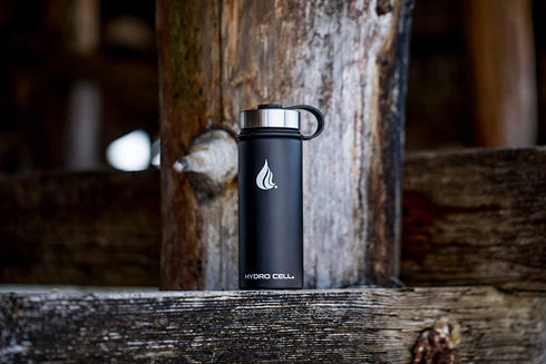 HYDRO CELL Stainless Steel Water Bottle w/ Straw & Wide Mouth Lids (64oz 40oz 32oz 24oz 18oz 14oz) - Keeps Liquids Perfectly Hot or Cold with Double Wall Vacuum Insulated Sweat Proof Sport Design (Black 18oz)