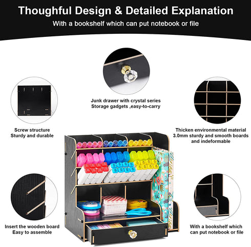 Marbrasse Upgraded Wooden Pencil Organizer, Multi-Functional Pencil Holder with Bookend + Drawer, DIY Art Supply Organizer, Easy Assembly Desktop Organizer Storage (Black)