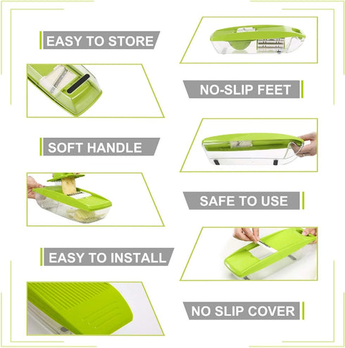 GProME Mandoline Slicer Vegetable Spiralizer, Food Slicer 6-in-1 French Fry Cutter, Food Waffle,Julienne Grater- Potato Slicer Sharp Stainless Steel Blades(Green)